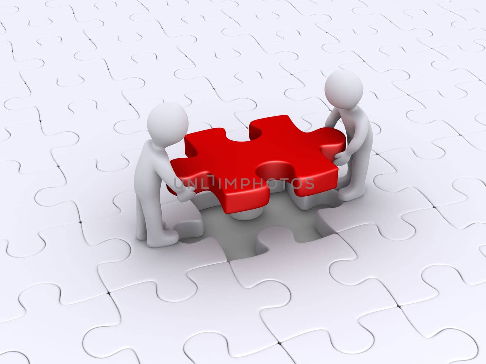 Two 3d people are putting the last puzzle piece