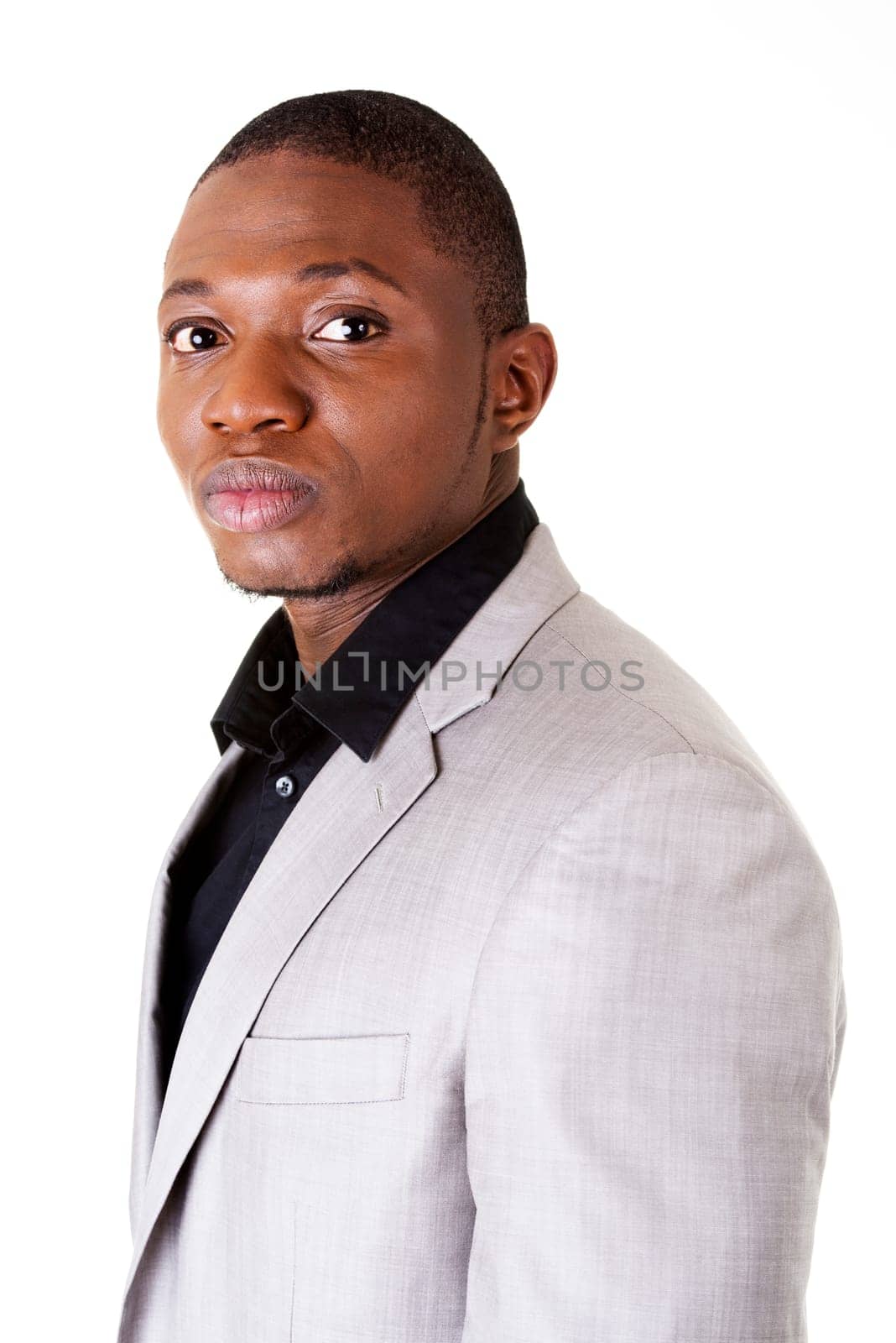 Afro american confident businessman portrait. Isolated on white