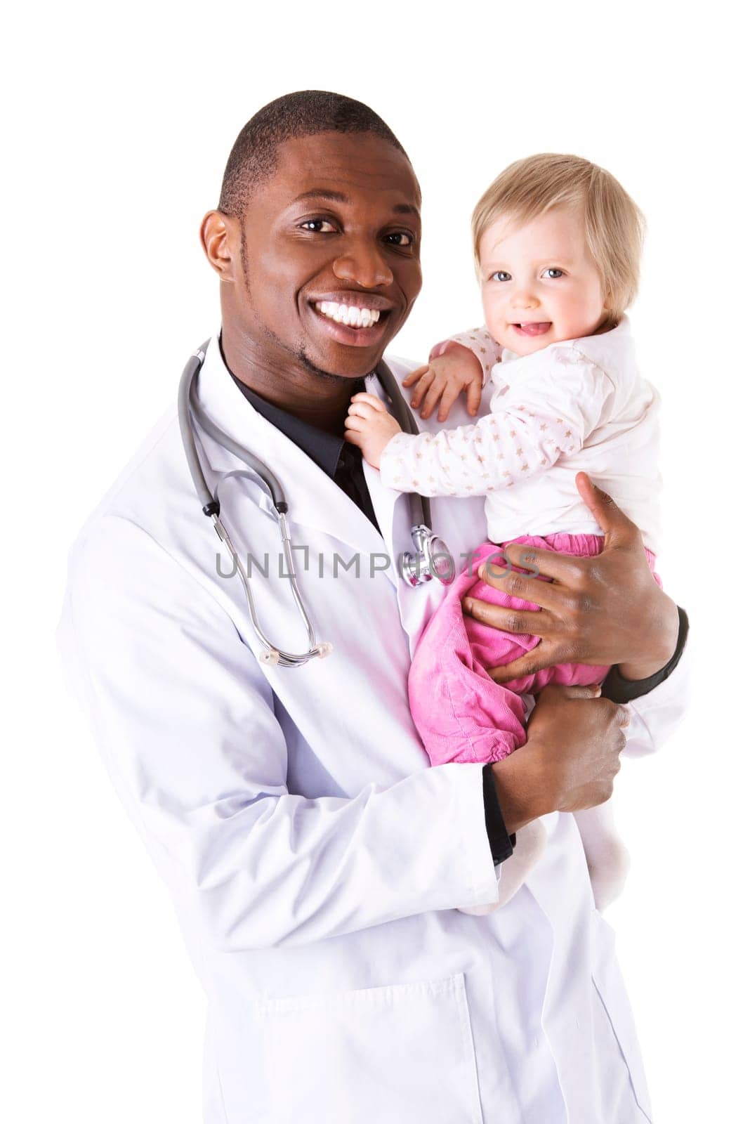 Handsome african american medical doctor - pediatrician, isolated on white