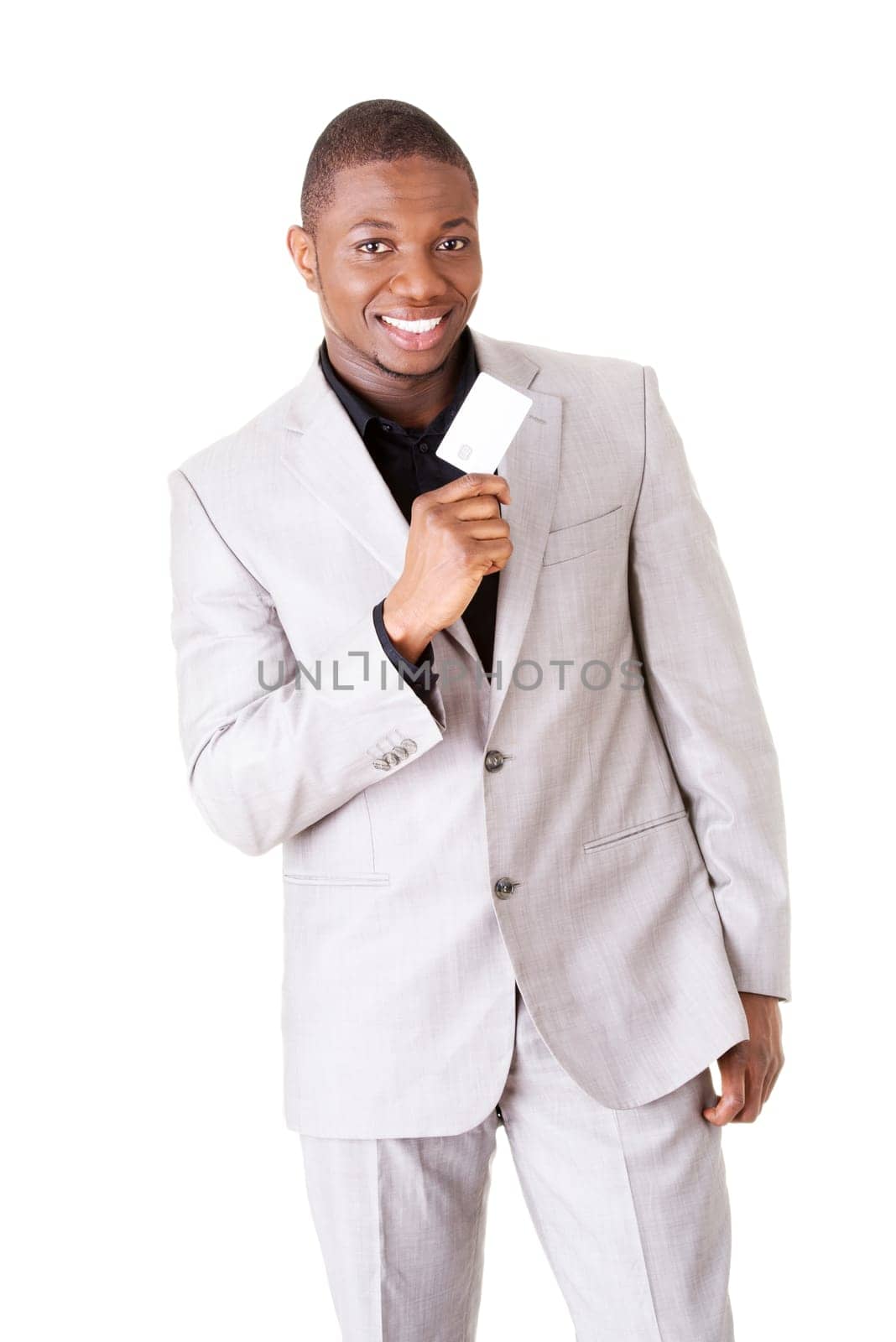 Businessman with blank business card, isolated on white