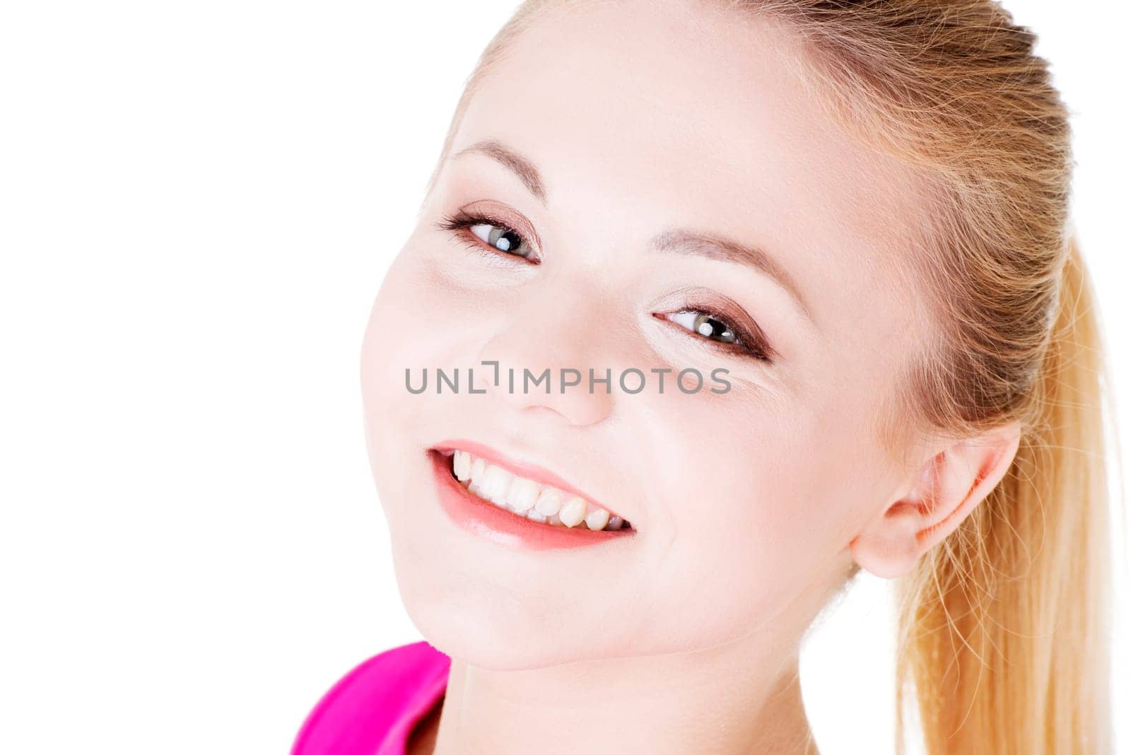 Happy casual blond woman portrait, isolated on white background