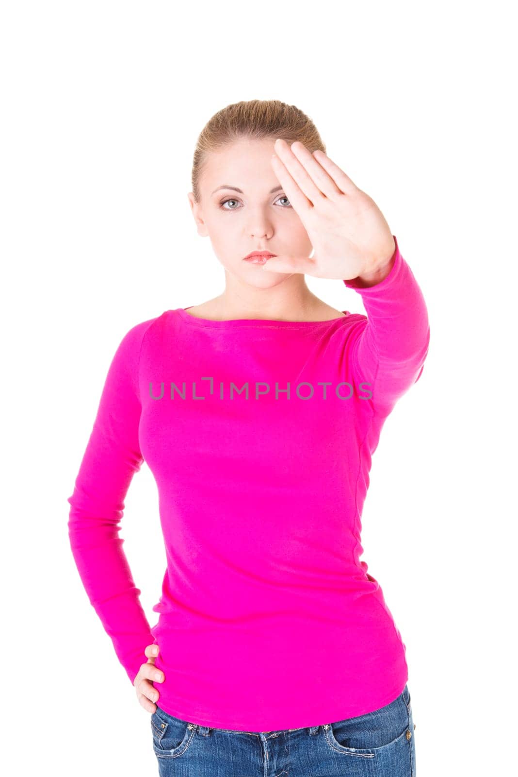 Hold on, Stop gesture showed by young woman hand