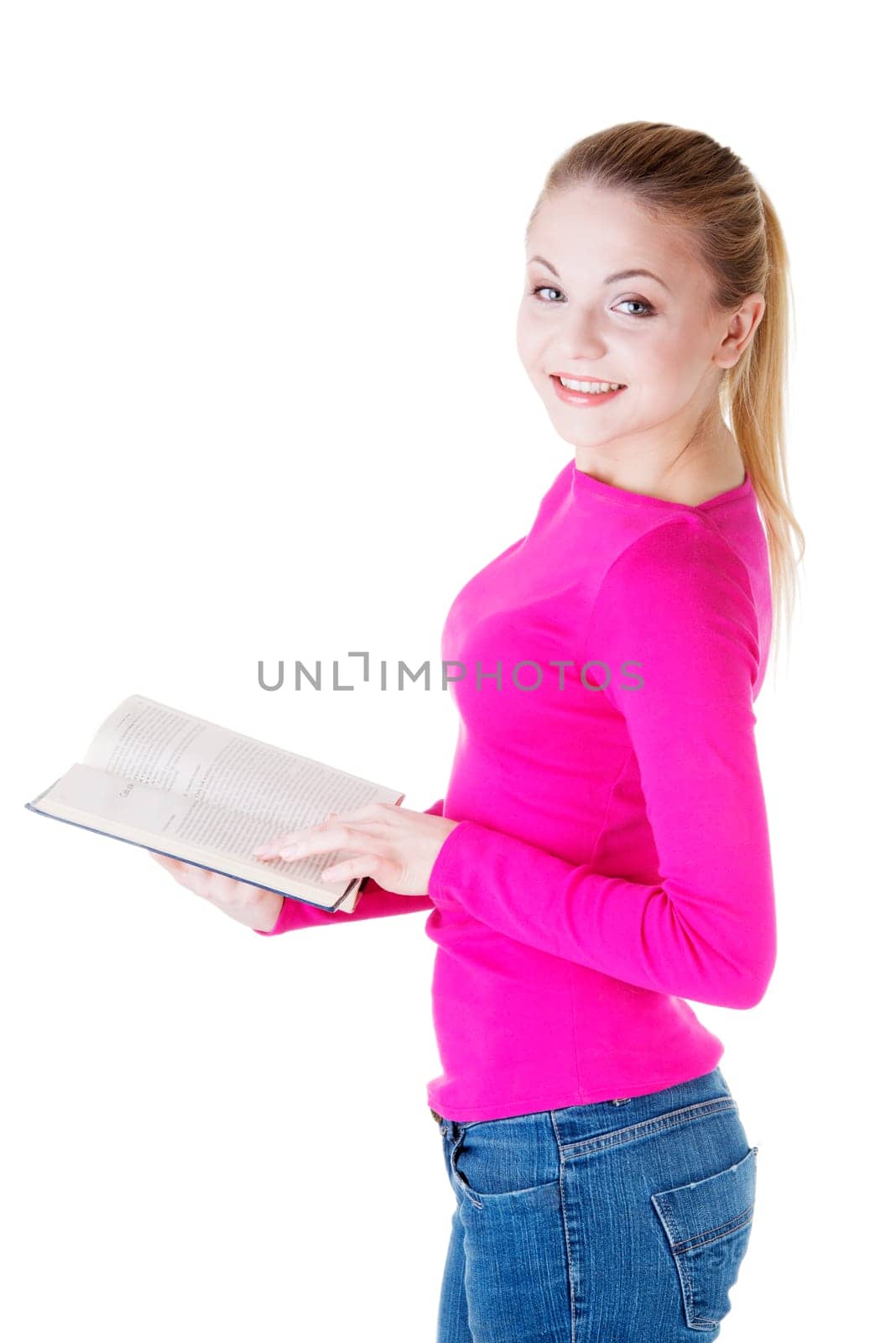 Blond woman reading book , isolated on white background
