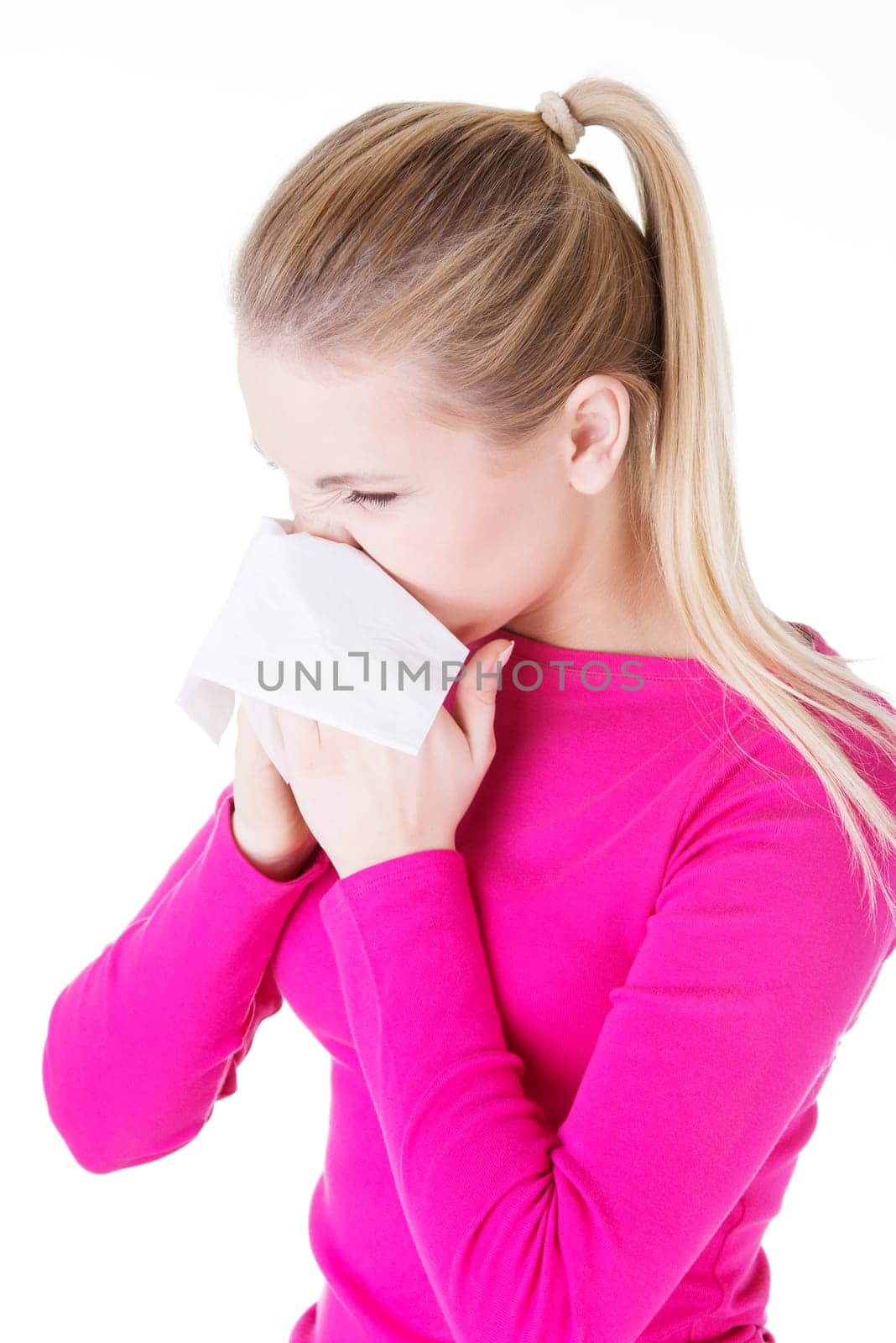 Teen woman with allergy or cold, isolated on white background
