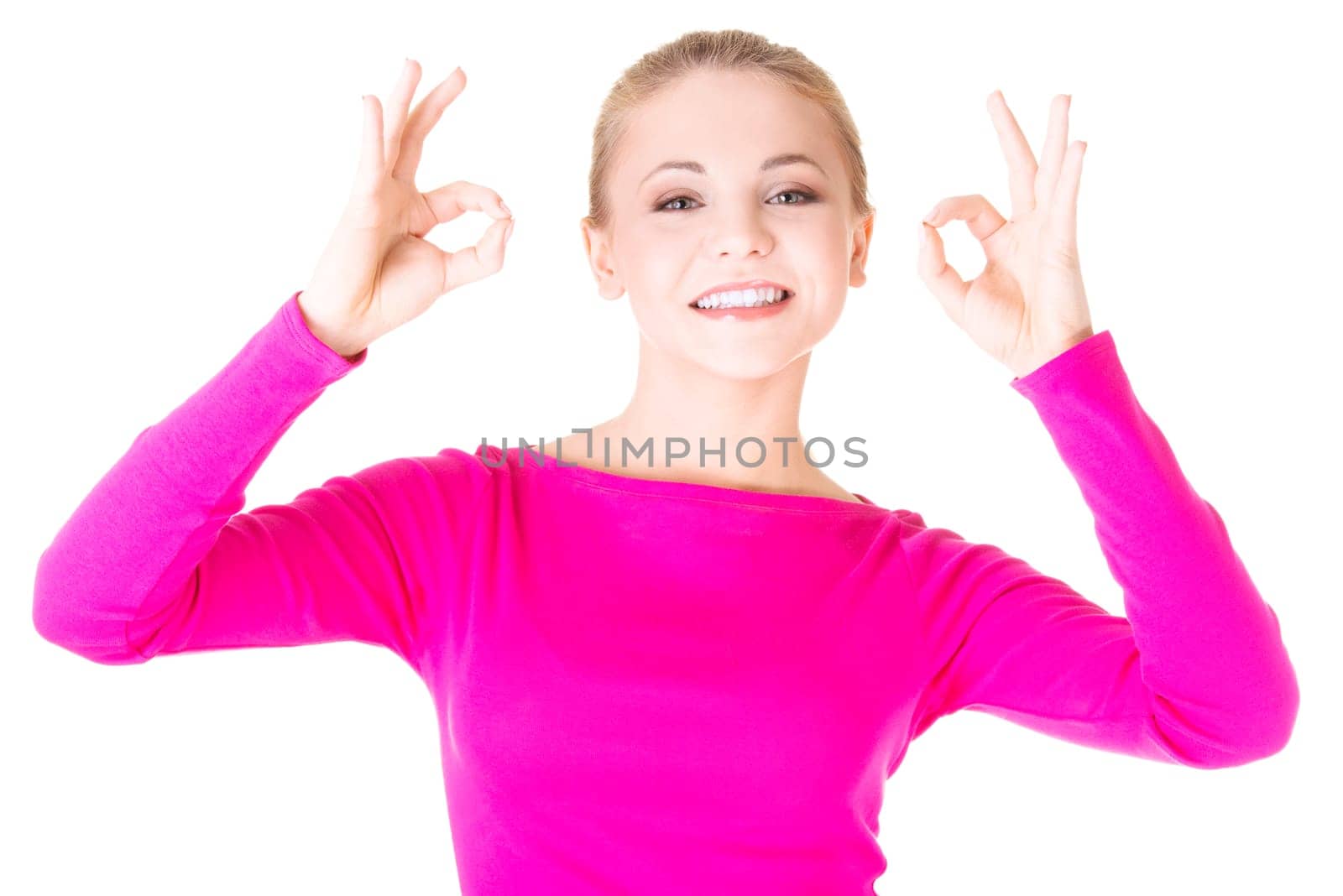 Happy teen girl gesturing perfect, isolated on white