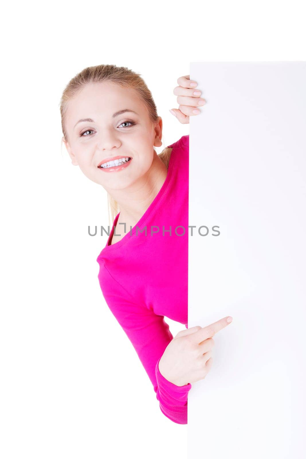 Portrait young happy woman with blank board , isolated on white