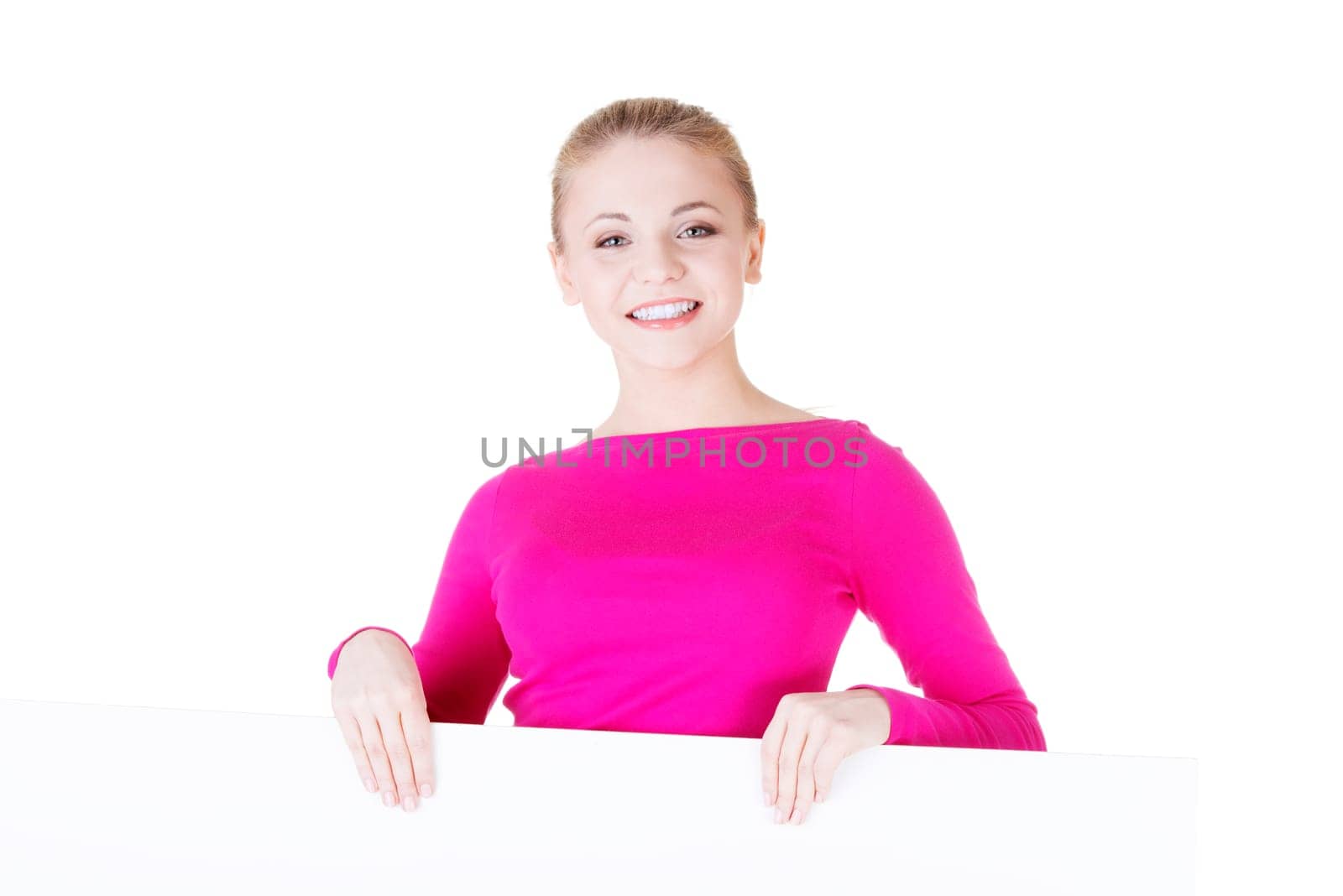 Portrait young happy woman with blank board , isolated on white
