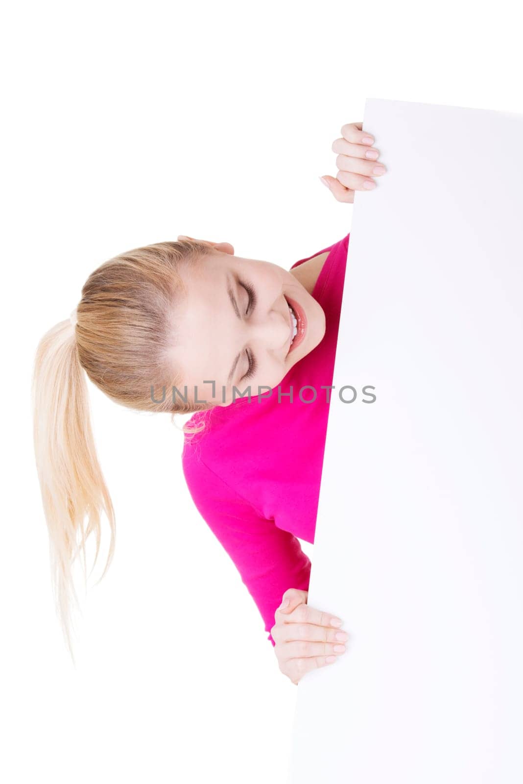 Portrait young happy woman with blank board , isolated on white