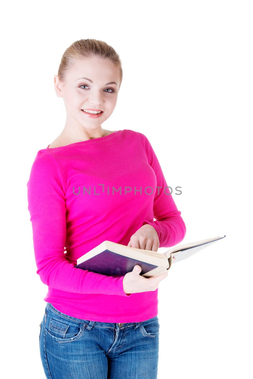 Blond woman reading book , isolated on white background