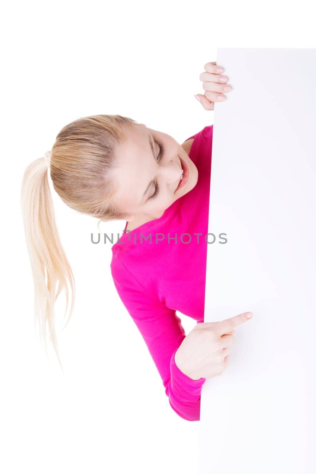 Portrait young happy woman with blank board , isolated on white