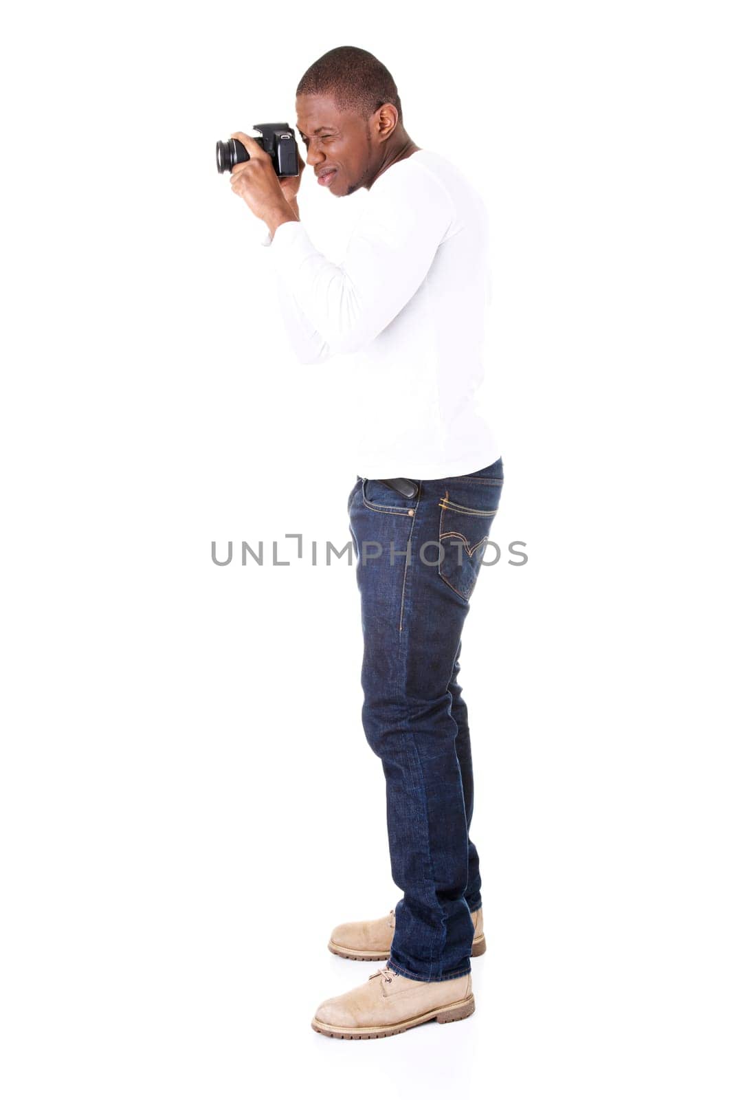 Photographer at work with DSLR, isoalted on white
