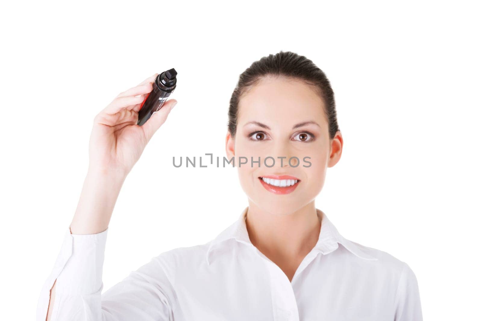 Young businesswoman writing something on abstract screen
