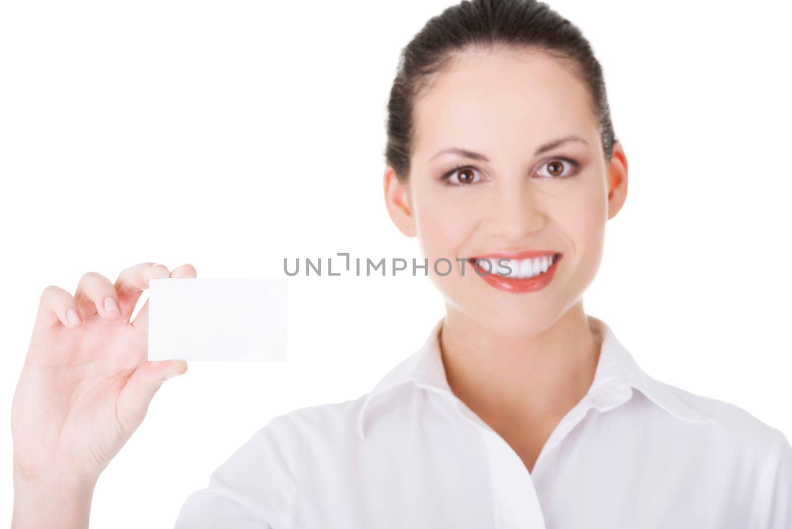 Beautiful smiling businesswoman with businesscard. Isolated on white