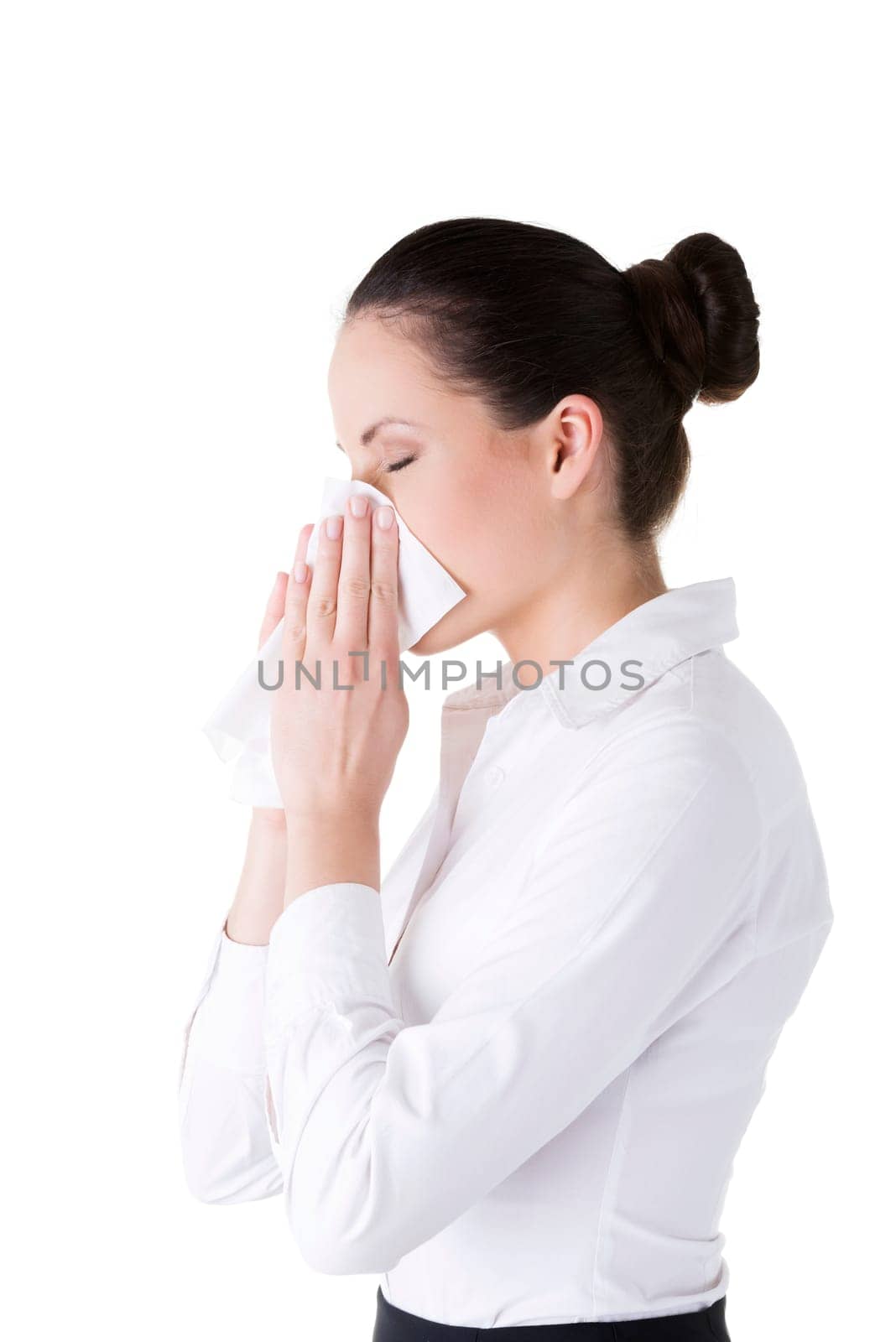 Woman with allergy or cold, isolated on white background