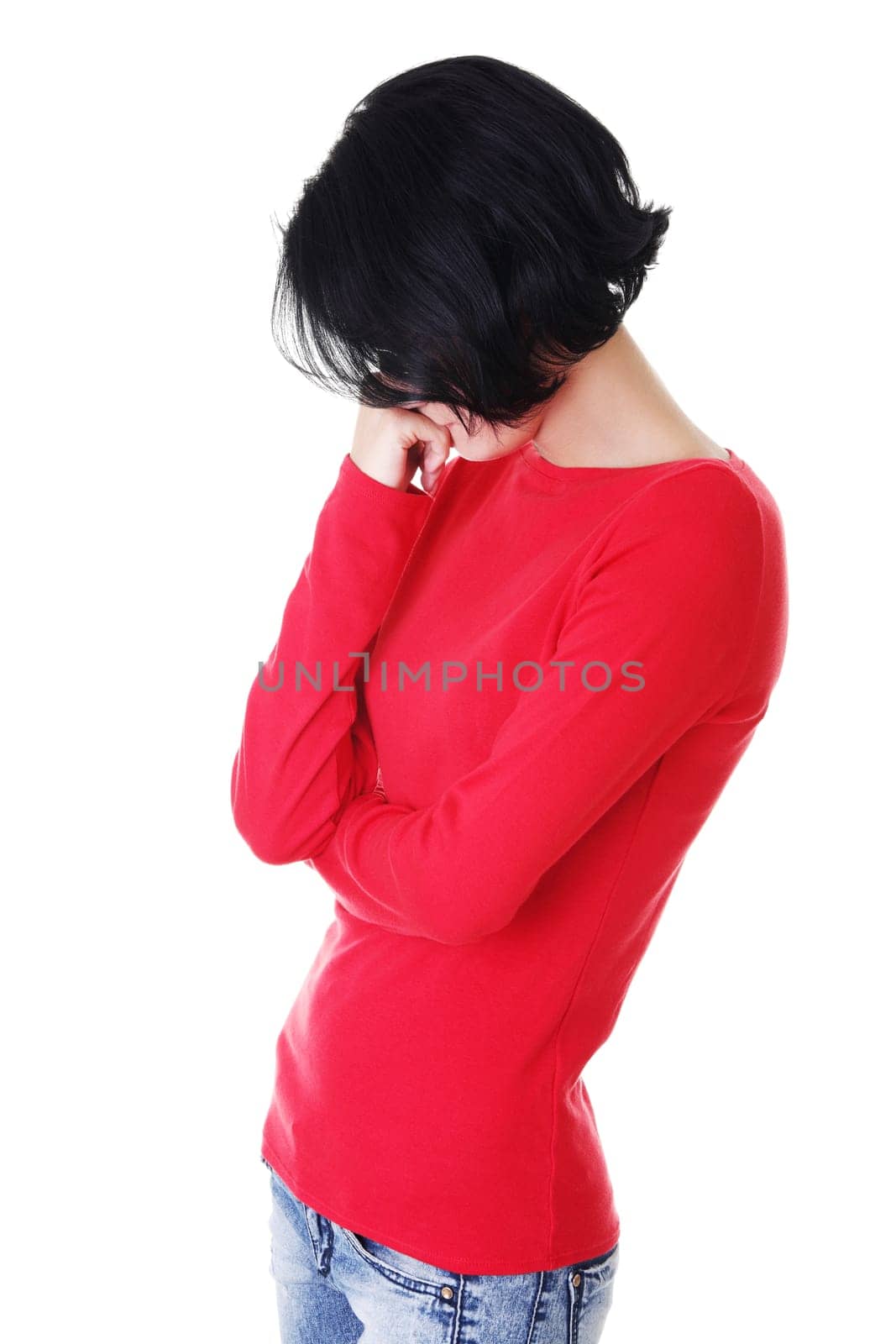 Thoughtful woman with problem, isolated on white
