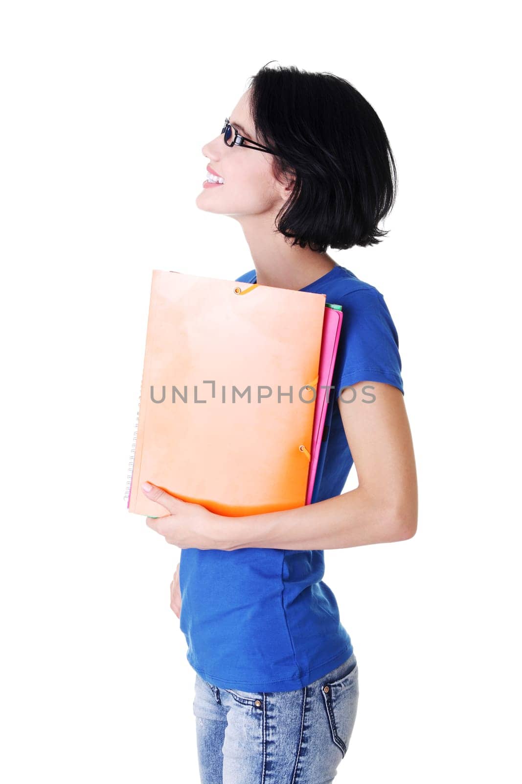 Happy student woman with notebooks, isoalted on white background