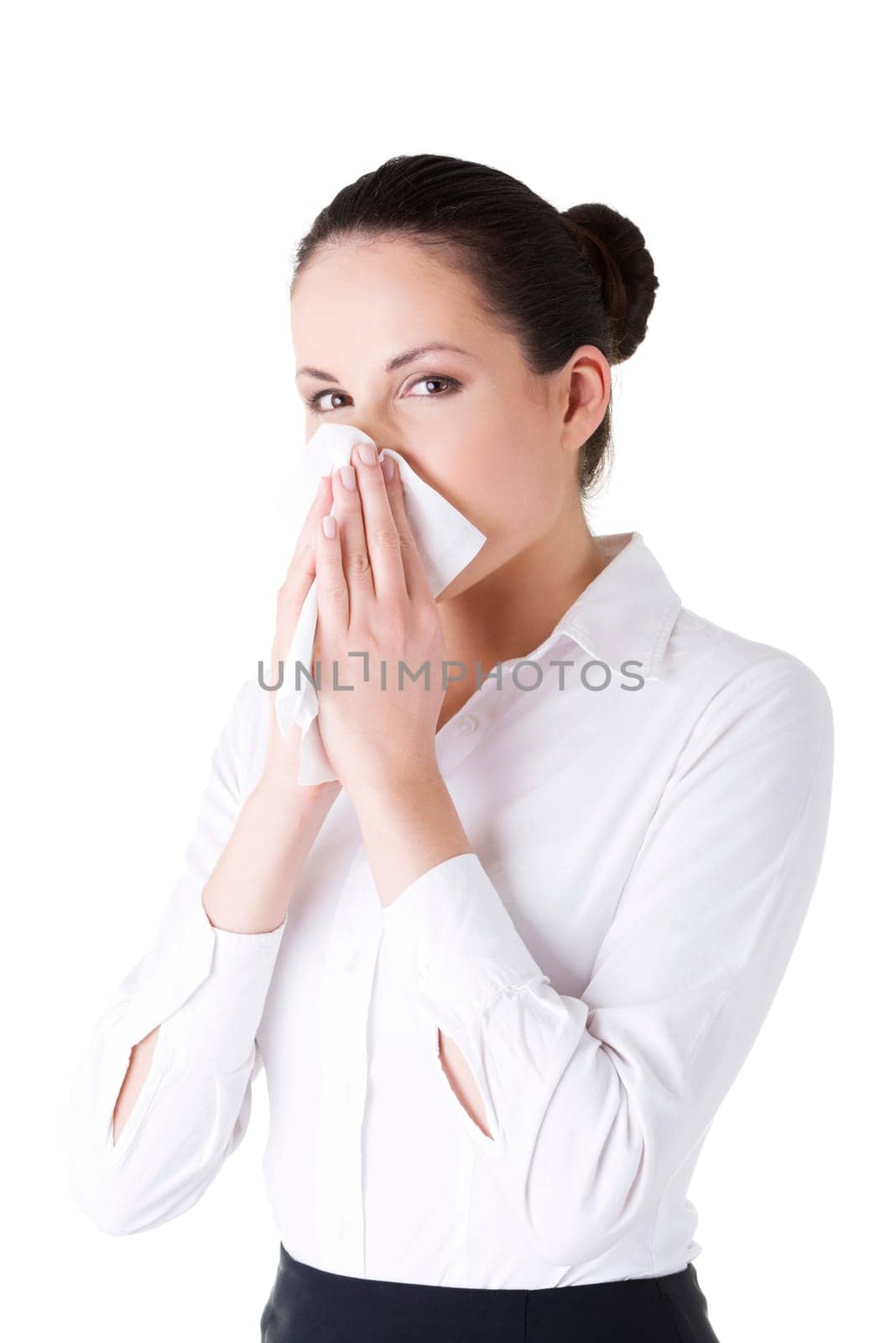 Woman with allergy or cold, isolated on white background