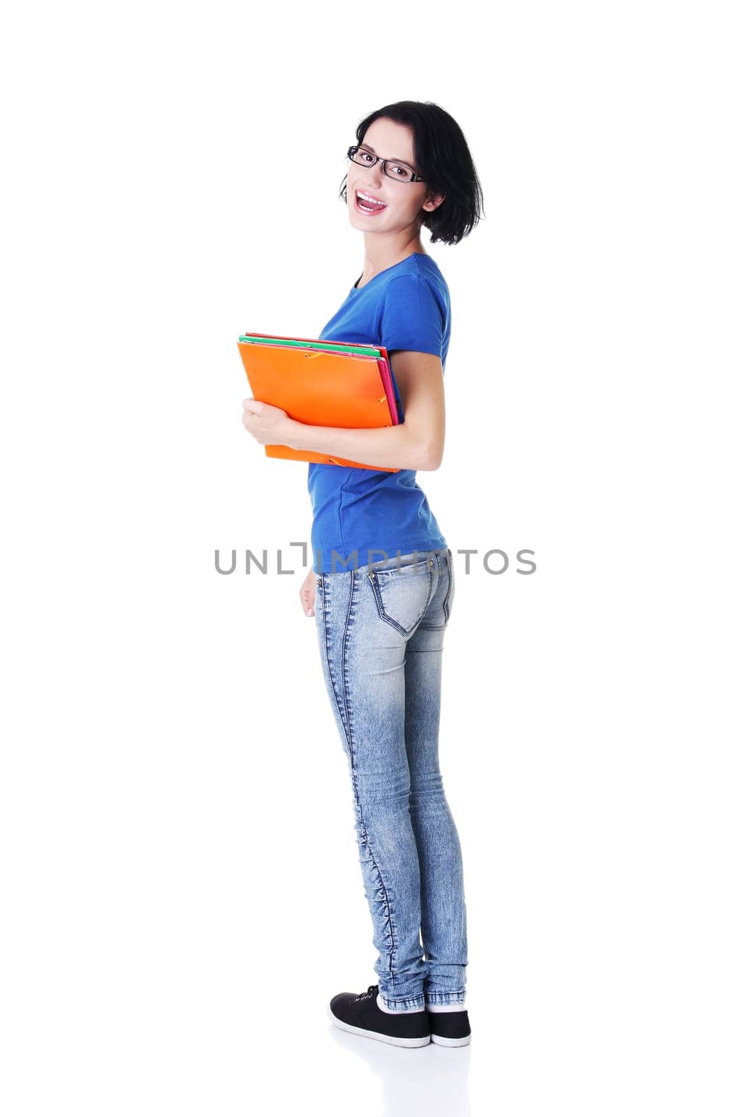 Happy student woman with notebooks, isoalted on white background