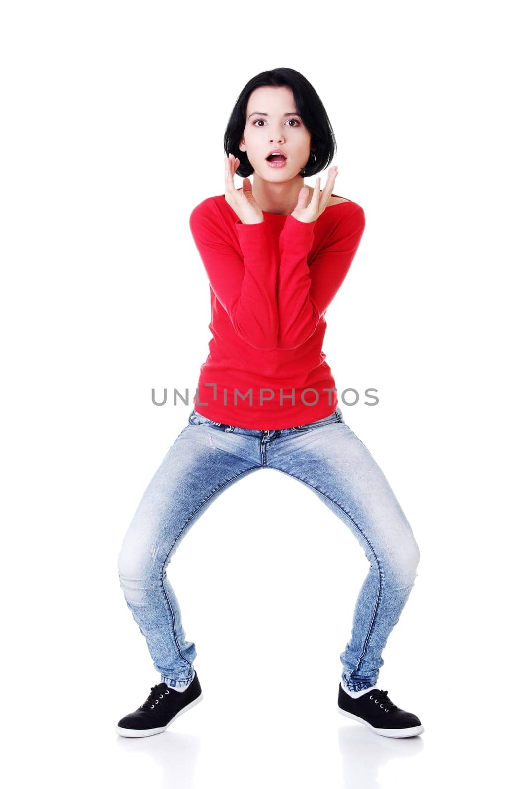 Scared woman , isolated on white background