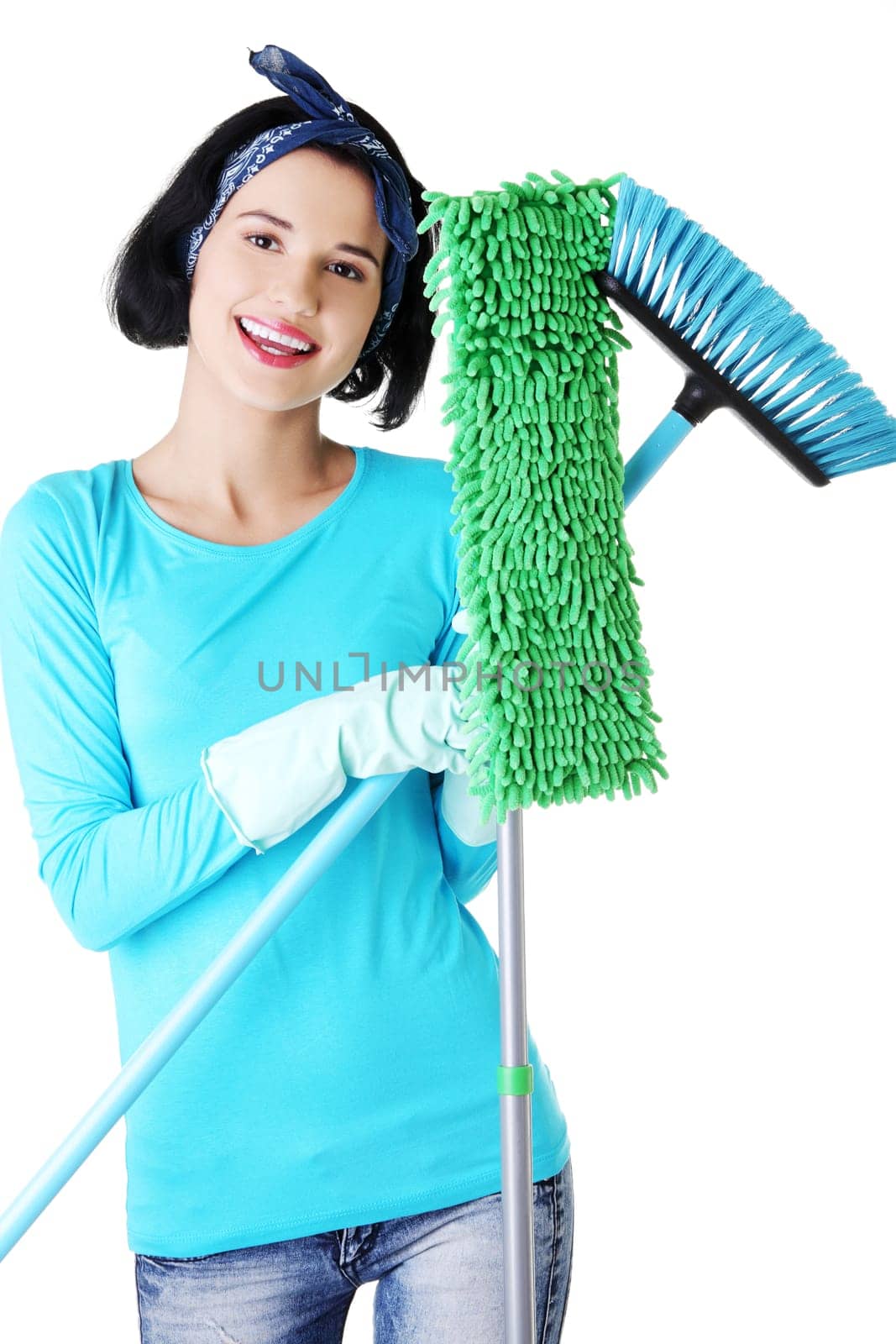 Happy cleaning woman portrait, isolated on white