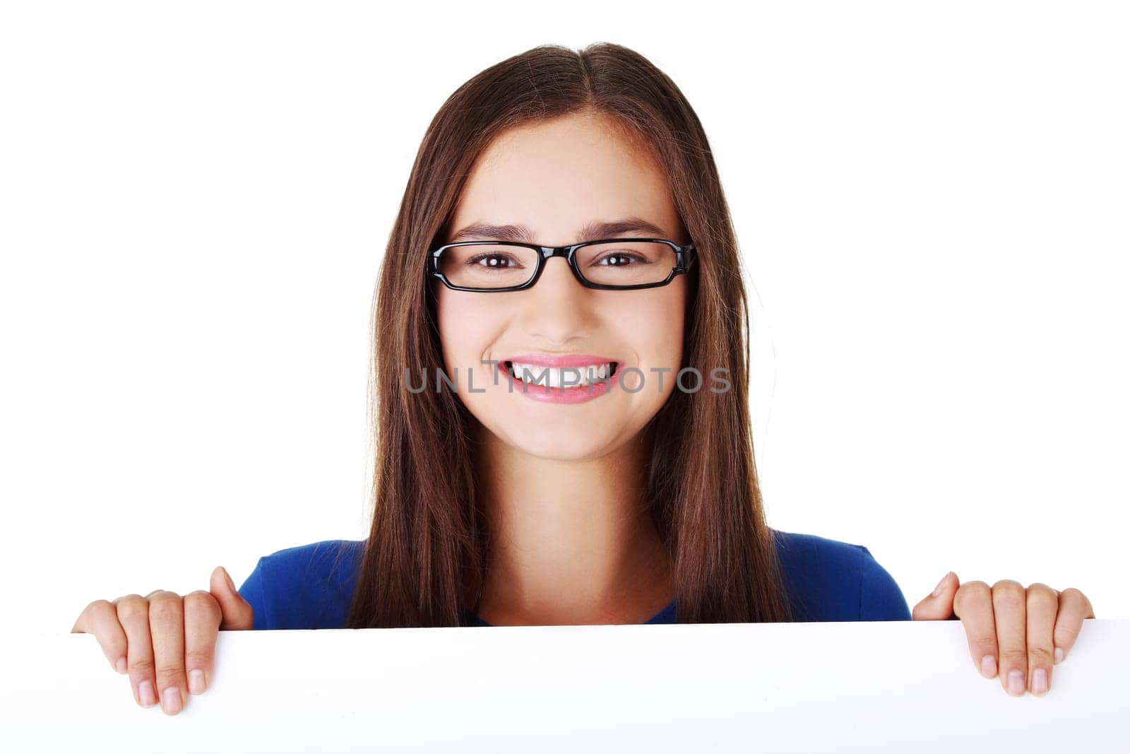 Portrait young happy woman with blank board , isoalted on white