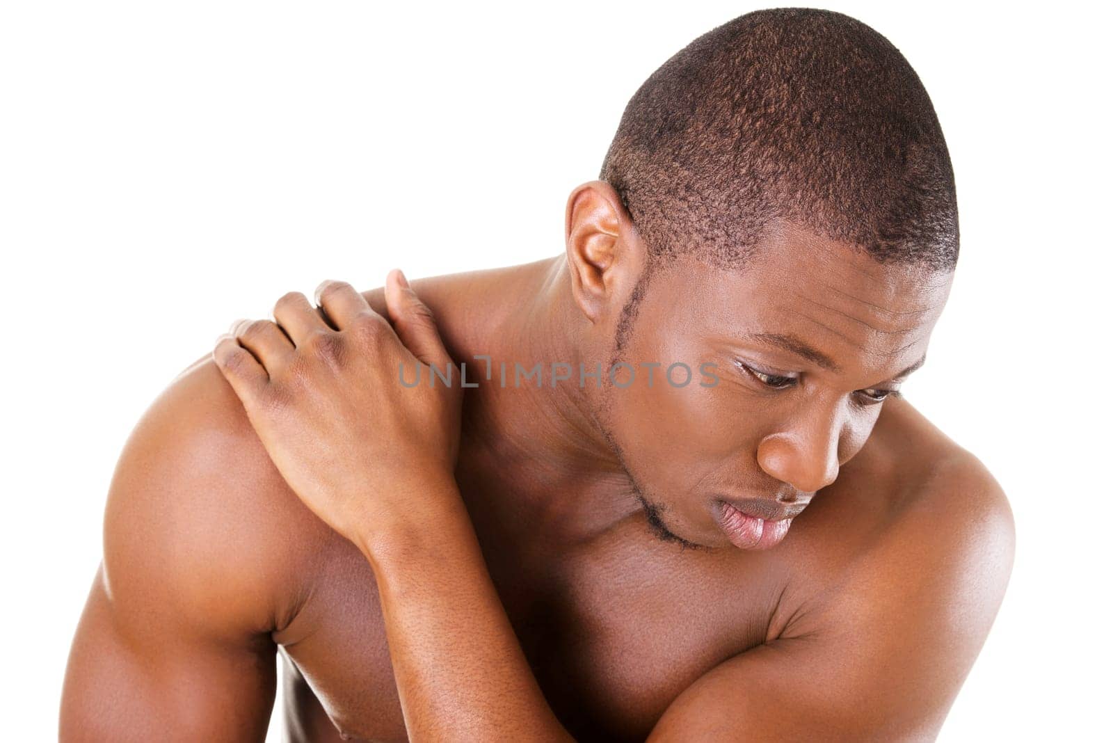 Young man with back pain , isolated on white