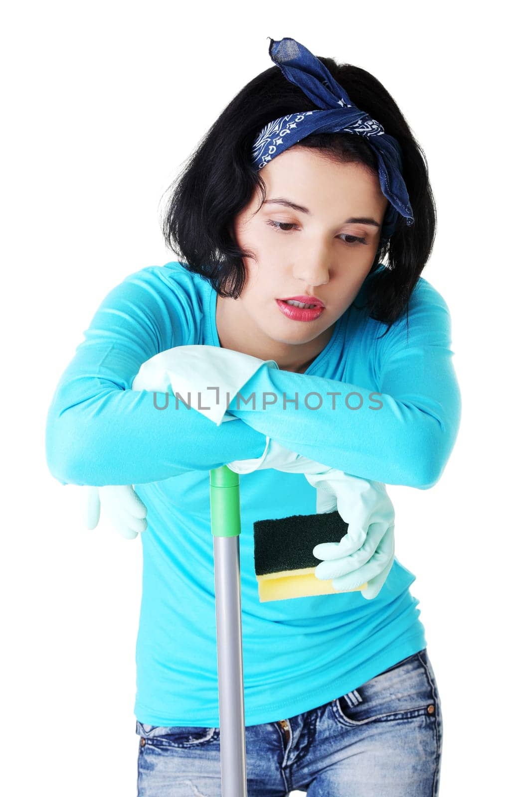 Tired frustrated and exhausted cleaning woman, isolated on white