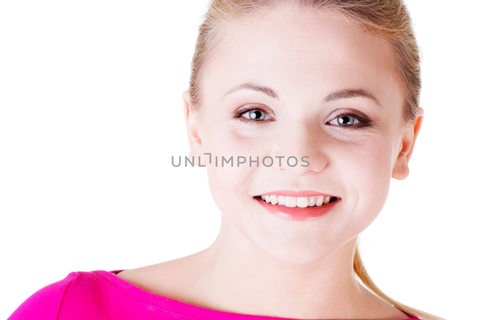 Happy casual blond woman portrait, isolated on white background