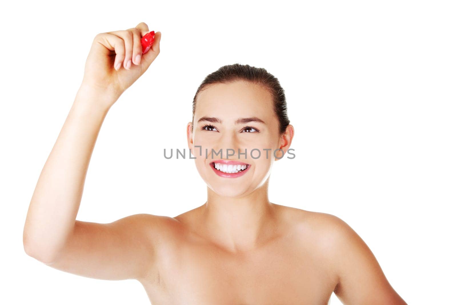 Teen girl writing on abstract screen. Isolated on white.