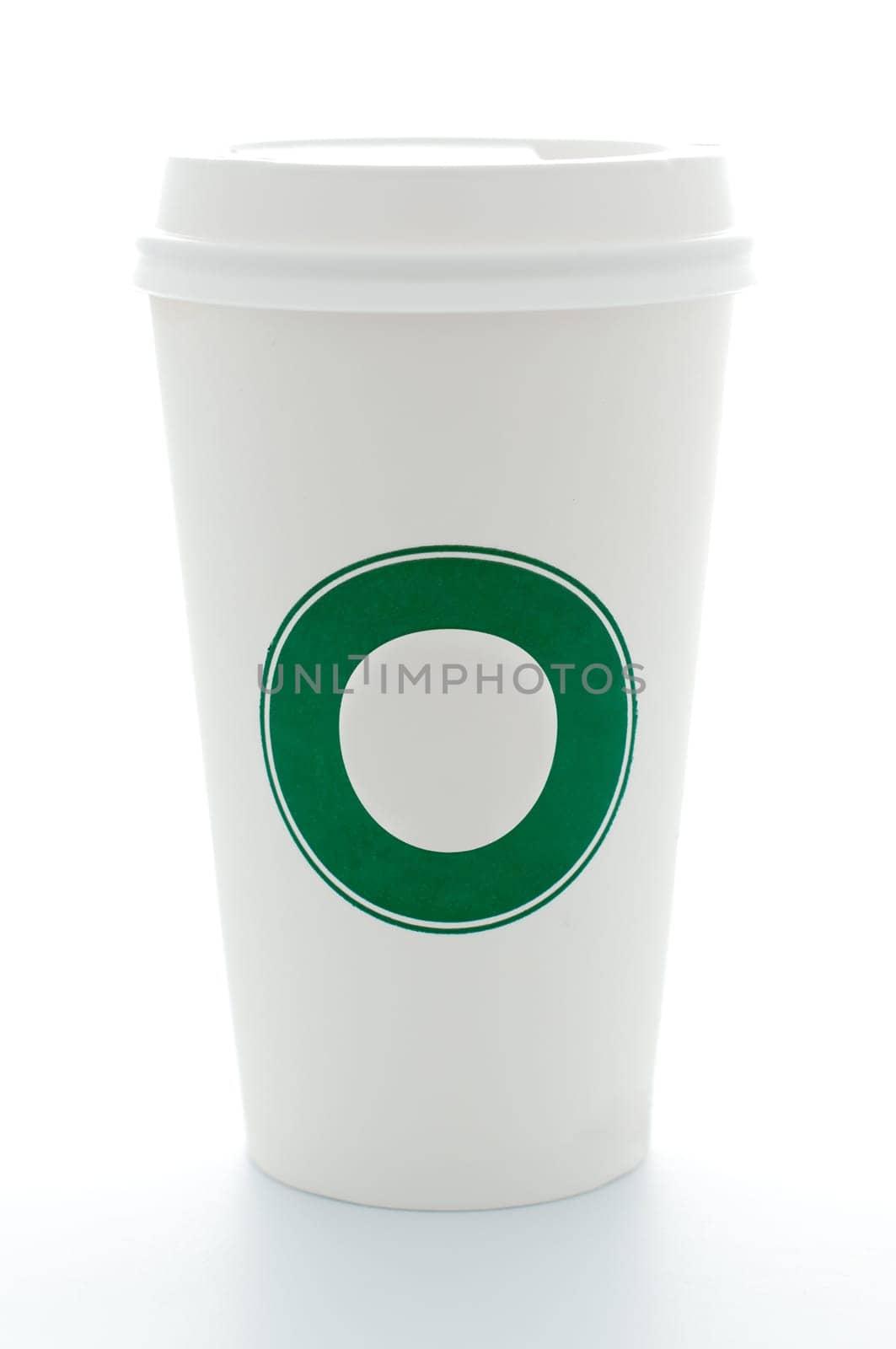 paper coffee cup with green circle for your text or log and with plastic top isolated on white background