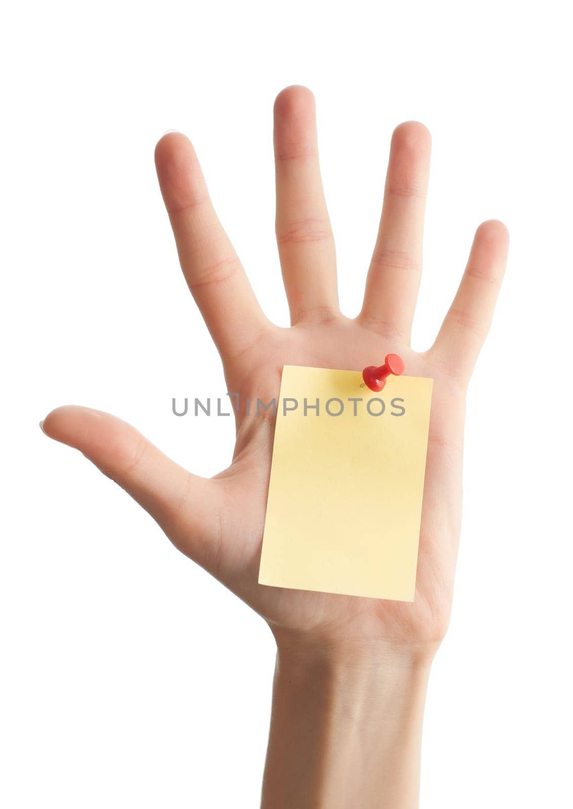 female hand with sticky office note isolated on white background . Note is blank and yellow