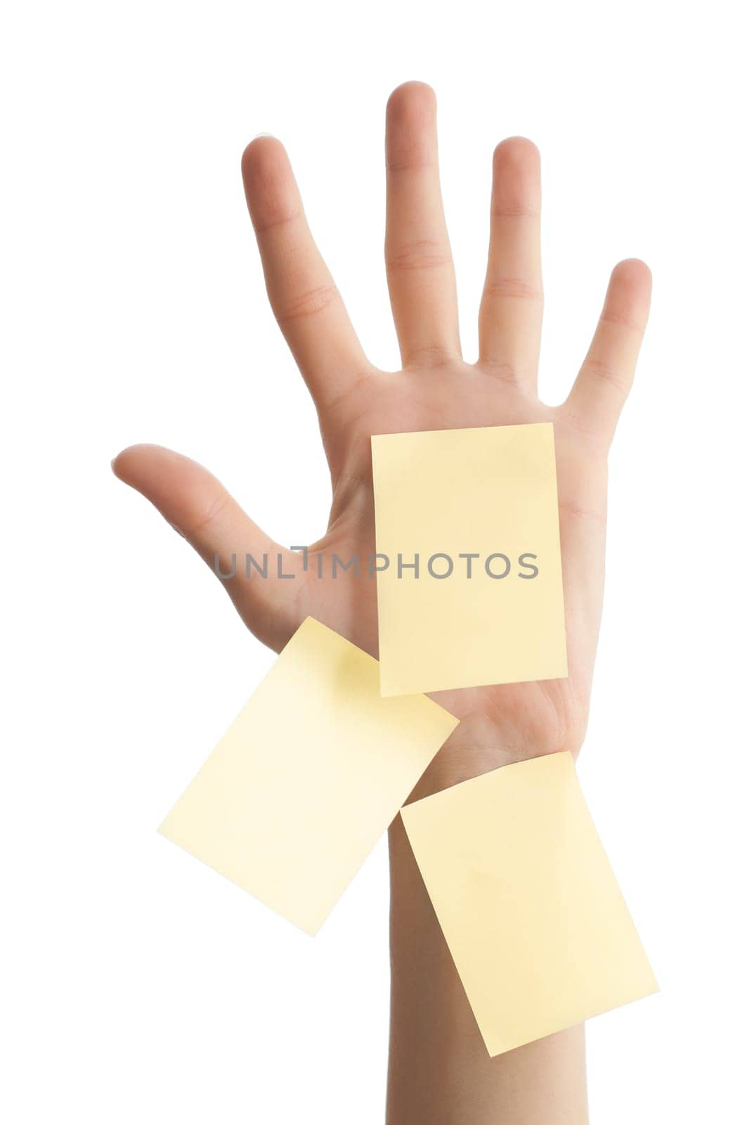 female hand with three sticky office notes isolated on white background . Notes are blank and yellow
