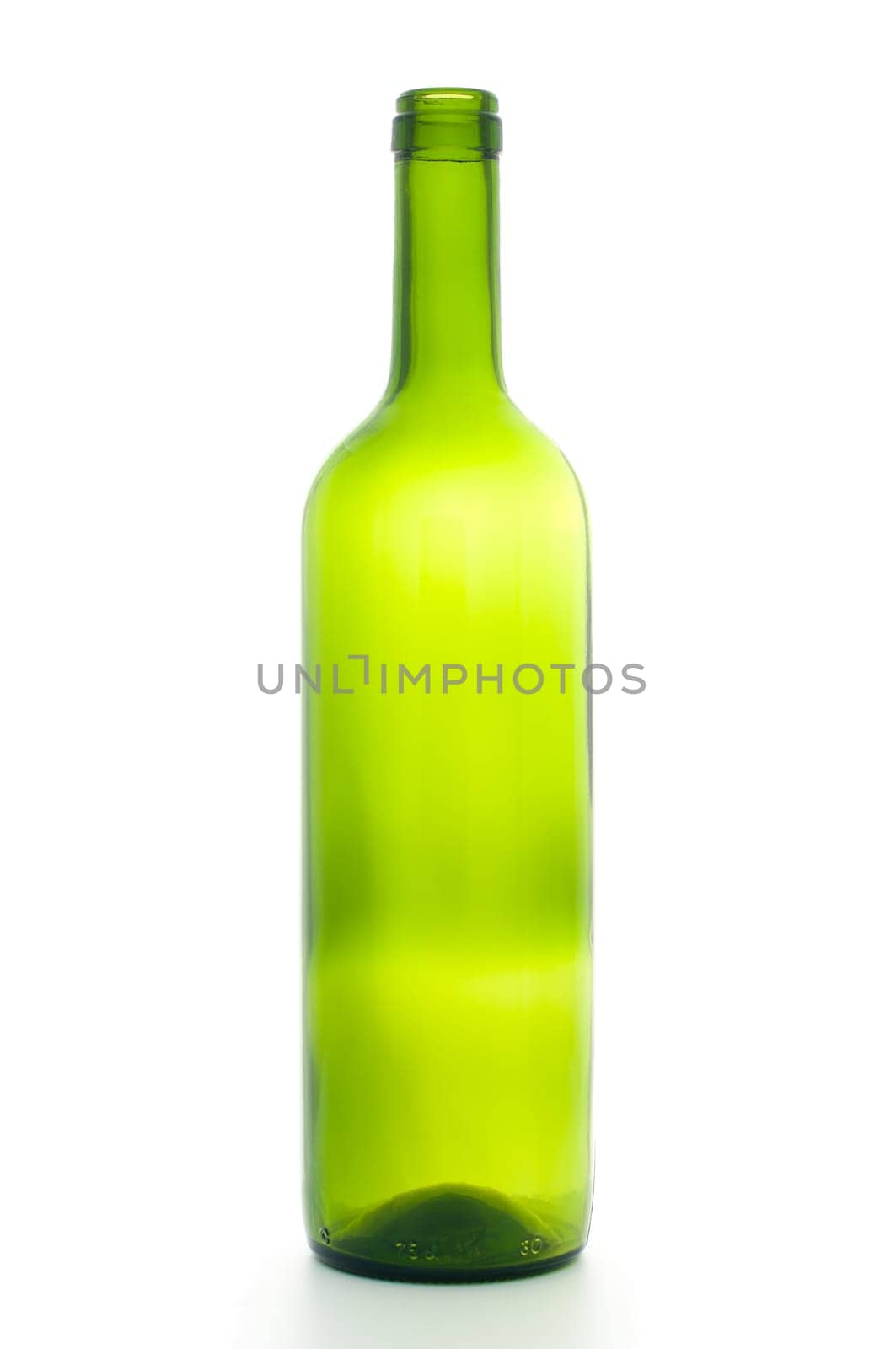 beautiful open empty green wine bottle isolated on white