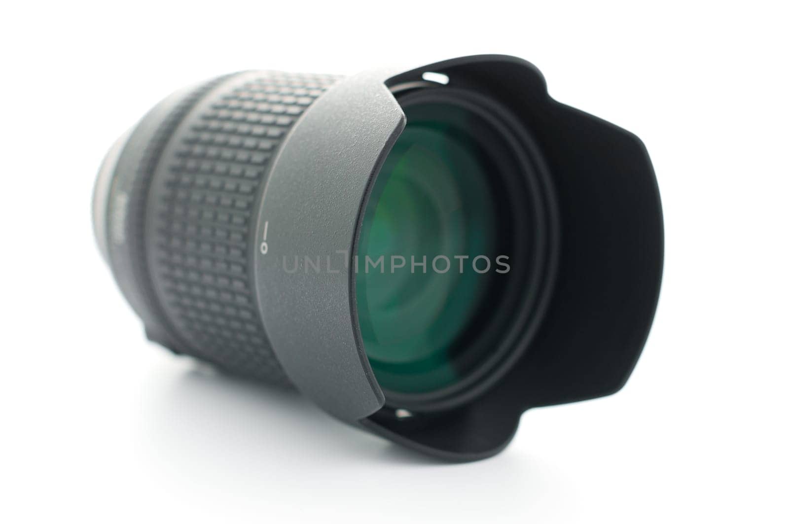photo zoom lens isolated on white, shallow depth of field, focus on lens hood