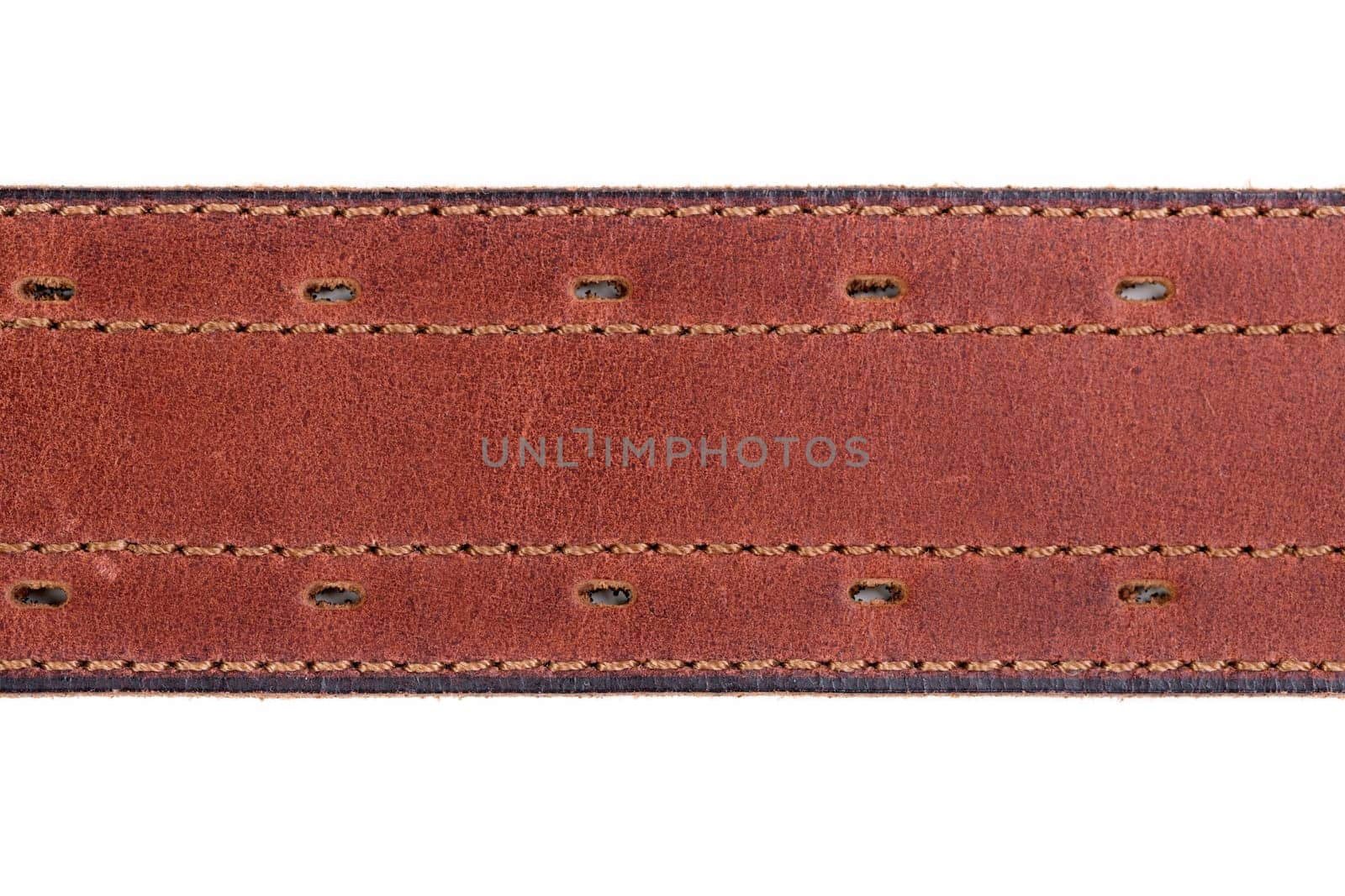 Fragment of a leather belt close-up on white background