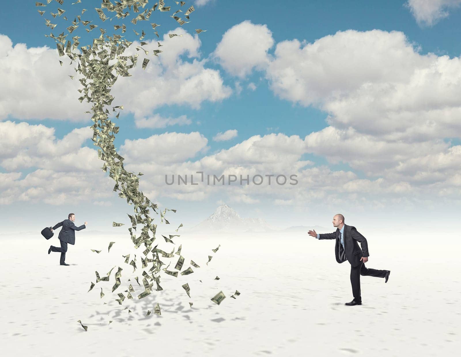buasiness man run and 3d dollar twister background