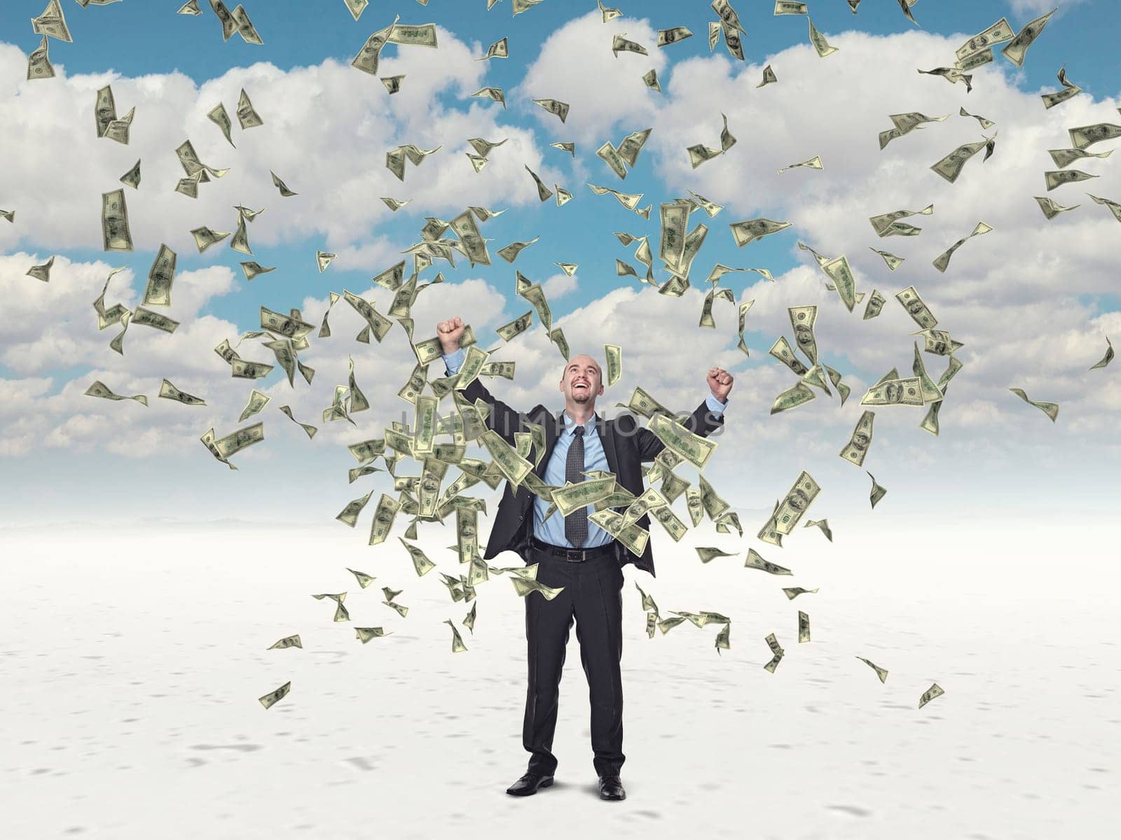 happy man and flying dollar