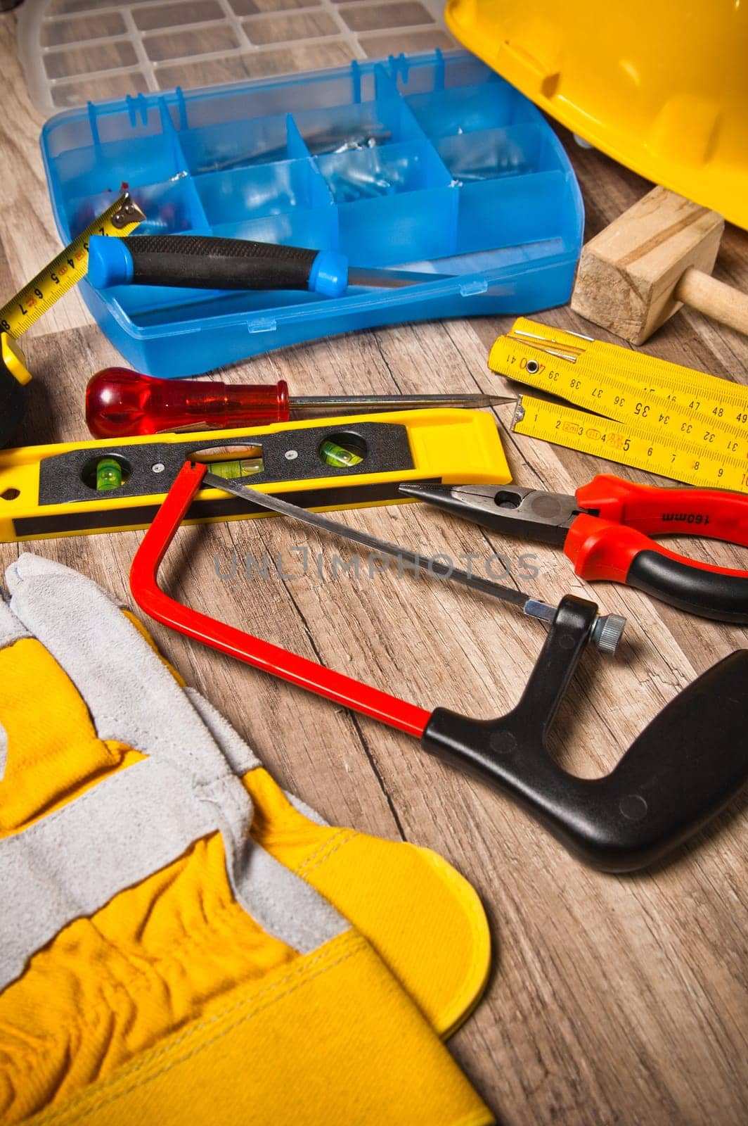 Working tools on a board, a close up