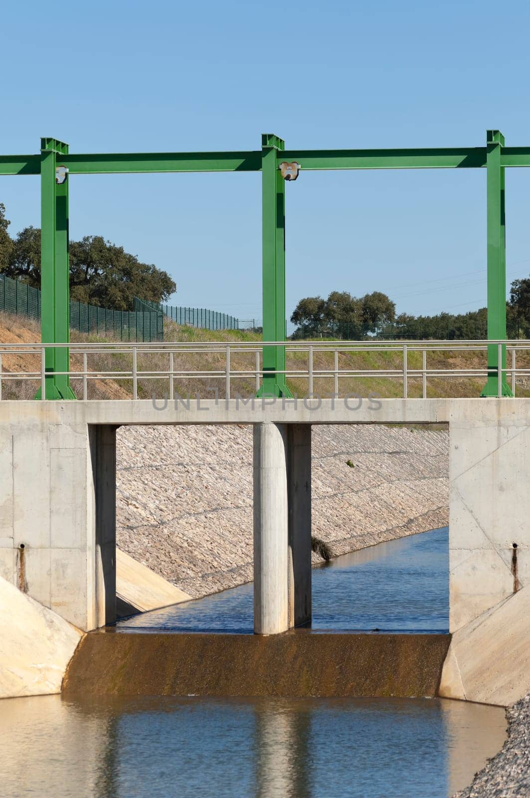 Almost finished sluice gate in the water diversion canal upstream the Alvito reservoir near Oriola village, part of the Alqueva Irrigation Plan, Alentejo, Portugal