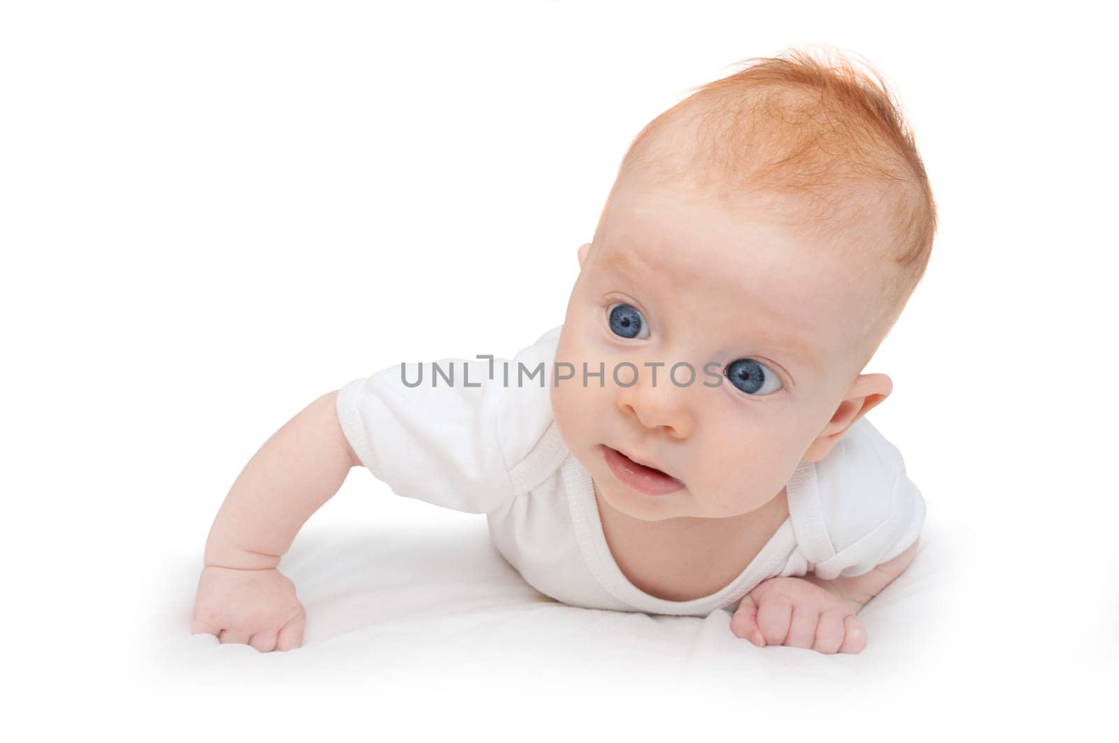 Cute Baby Girl Lying on Front on White Background