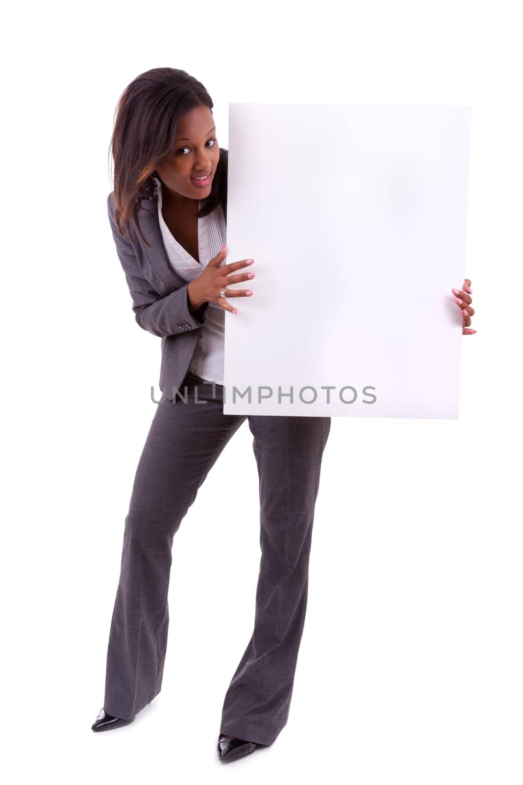 Young black African American woman holding a blank board, isolated on white background - African people