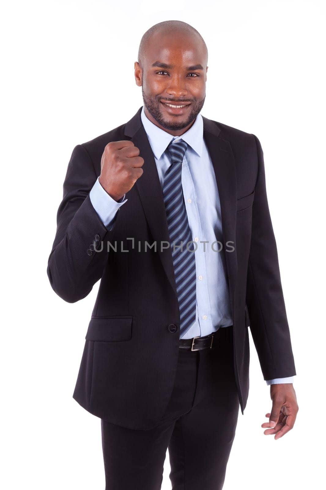 Black African American business man with  clenched fist, isolated on white background - African people
