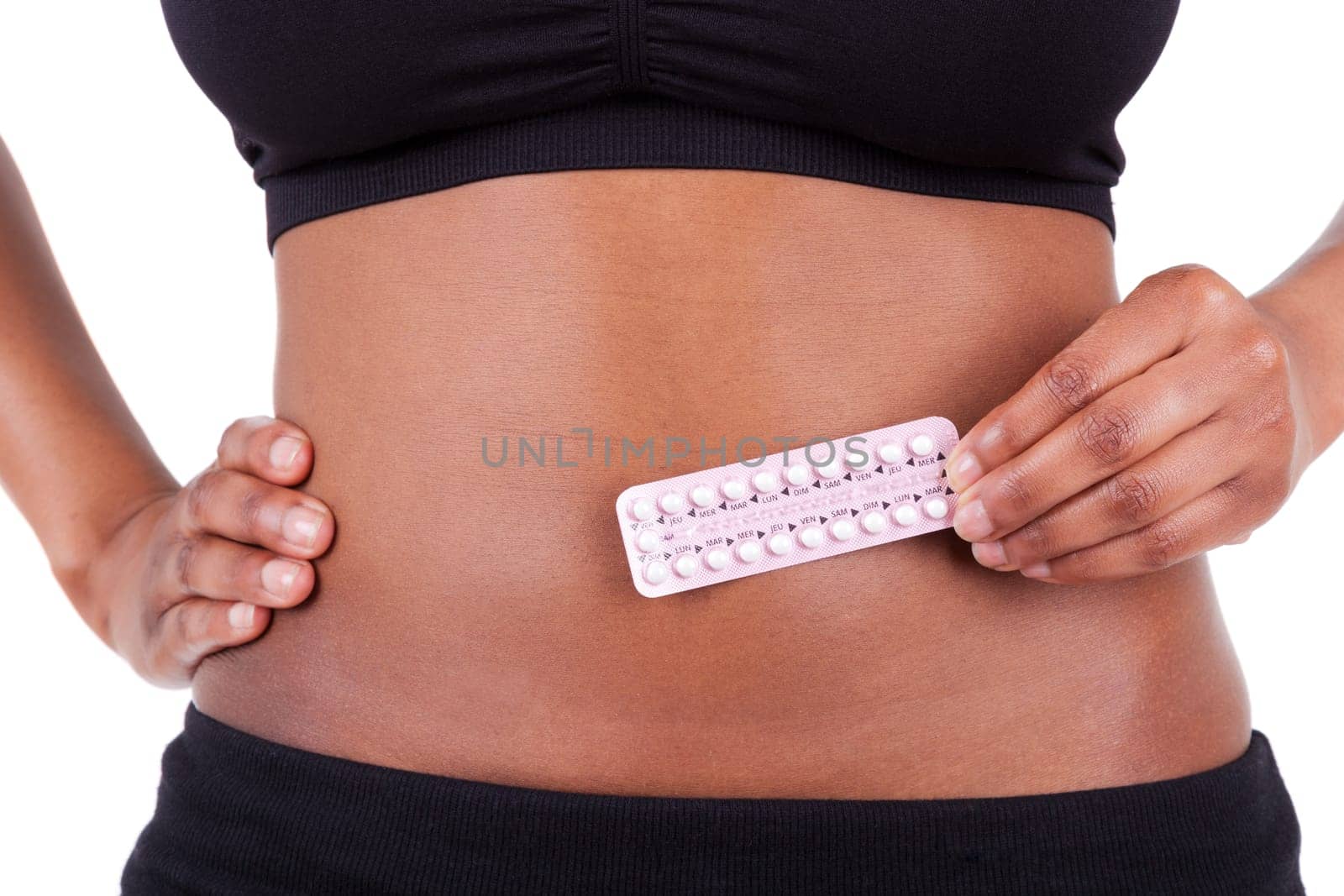 Black african american woman holding contraceptive solutions, isolated on white background -  African people