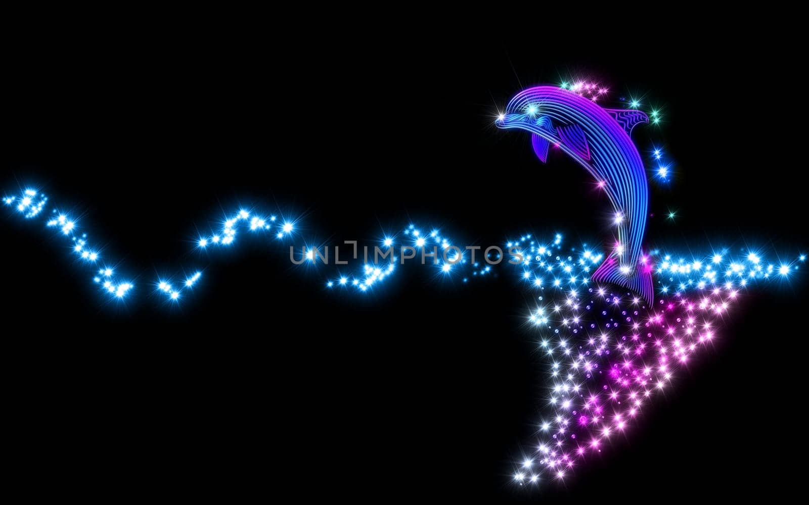 Beautiful swimming dolphin jumped from blue tropical ocean and slides on waves with bubbles and splashes of water. Water drops refract sunlight as a prism and visually similar to the shining stars.