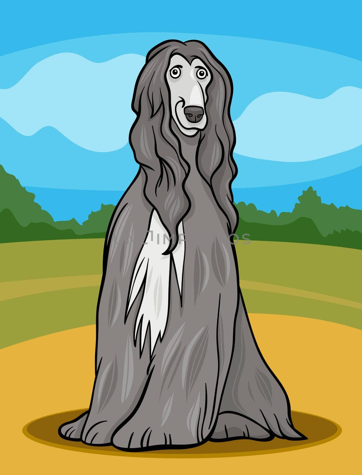 Cartoon Illustration of Cute Afghan Hound Purebred Dog and Rural Landscape