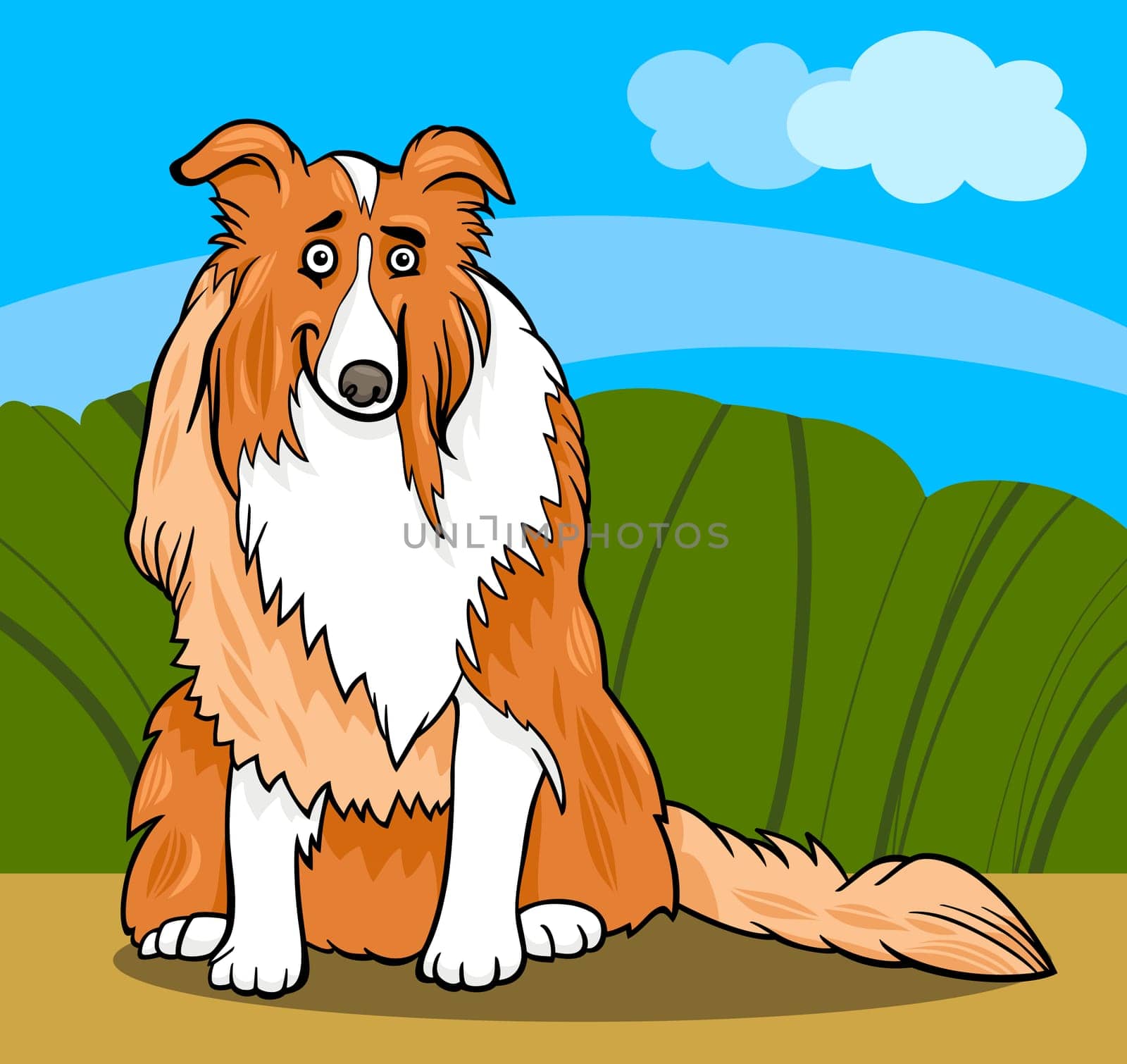 Cartoon Illustration of Funny Collie Purebred Dog