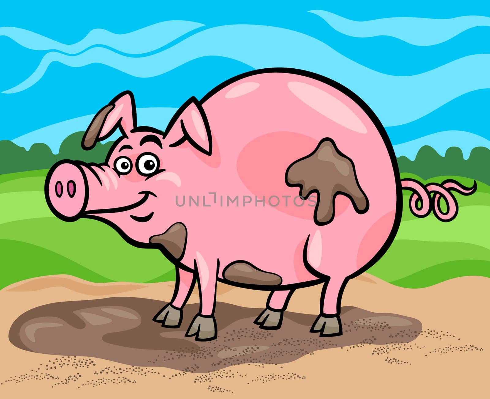 Cartoon Illustration of Funny Comic Pig Farm Animal in Mud