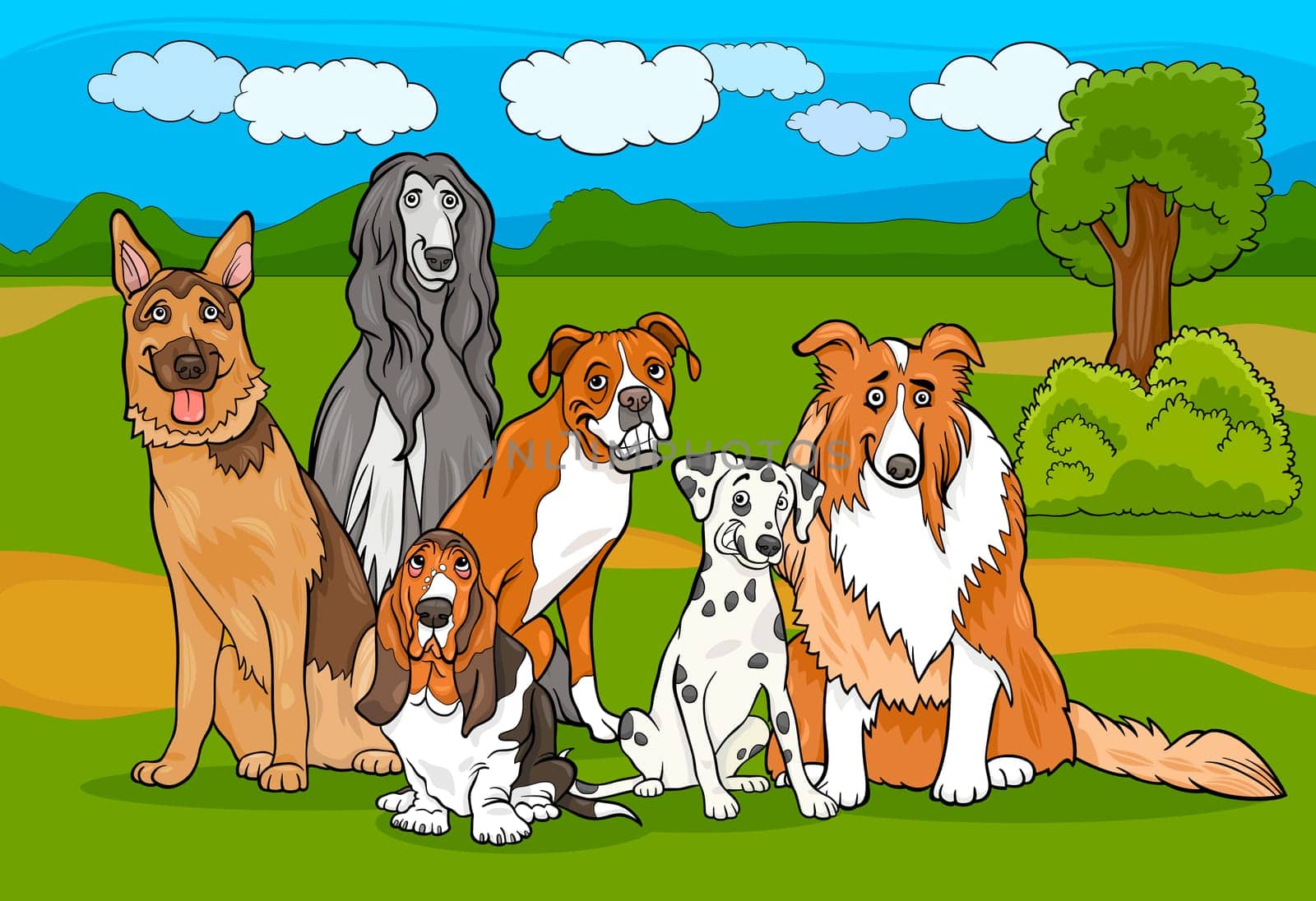 Cartoon Illustration of Cute Purebred Dogs or Puppies Group against Rural Landscape or Park Scene