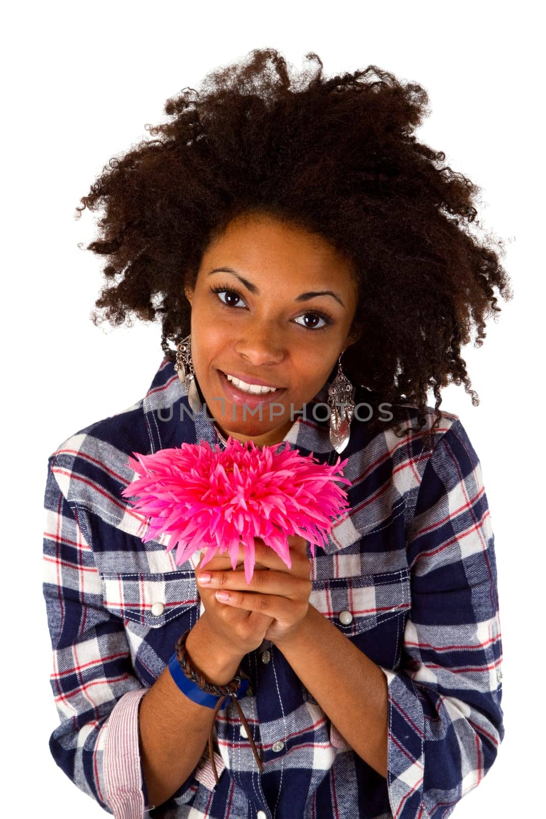 Attractive woman with flower isolated on white background