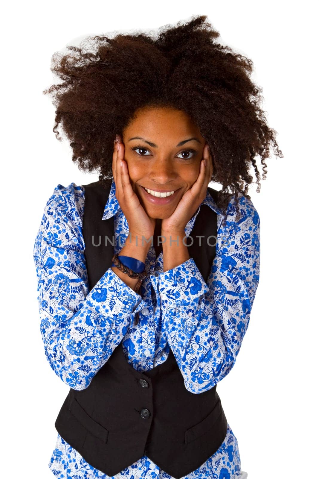 Laughing Afro-American woman isolated on white background